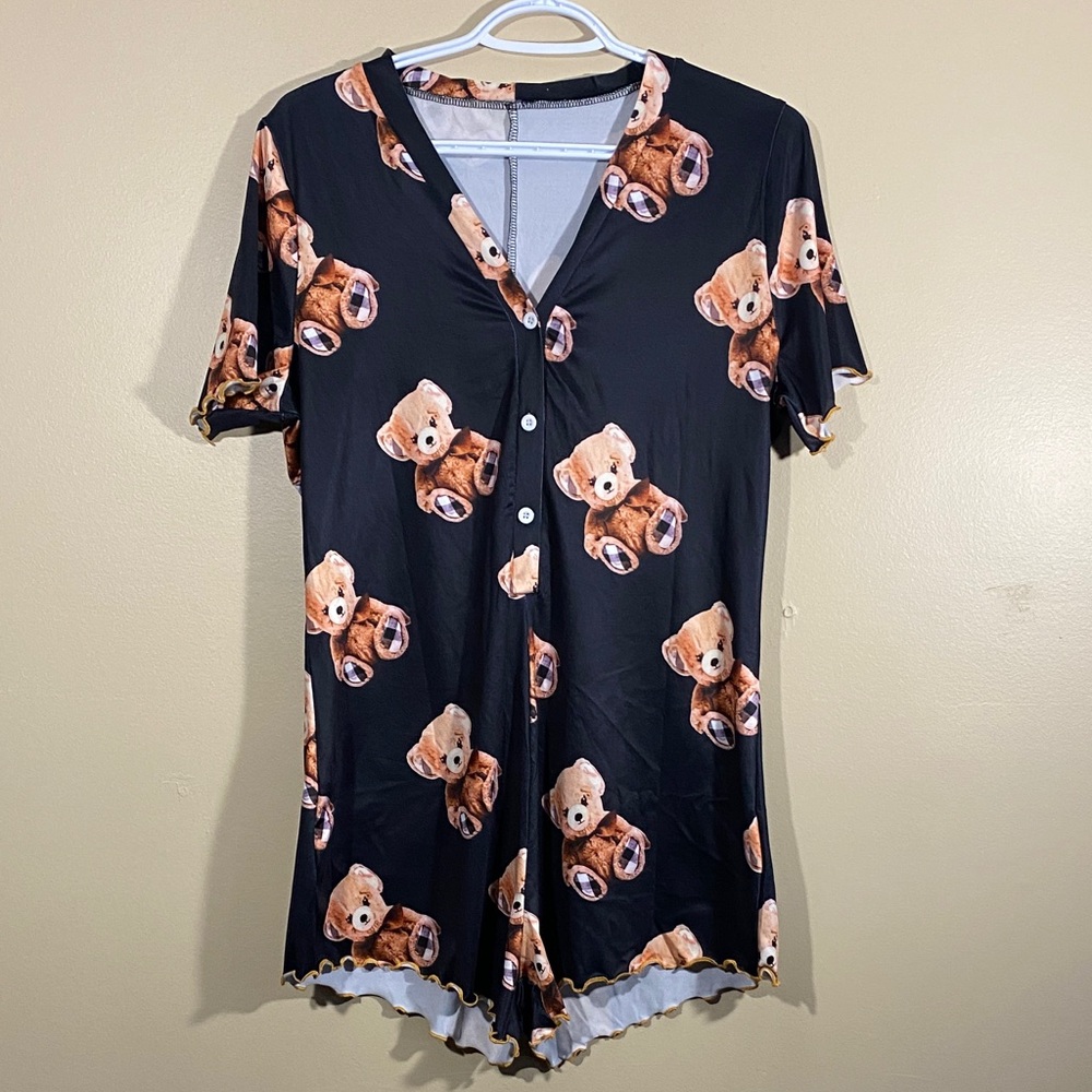 Teddy Bear Print Pajama Romper Cozy Lounge Soft Girl Size XL (Fits Small)